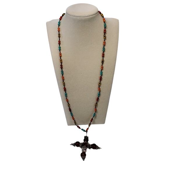 Handmade AB Crystal Beaded Cross Rosary Necklace 22" - Picture 1 of 8